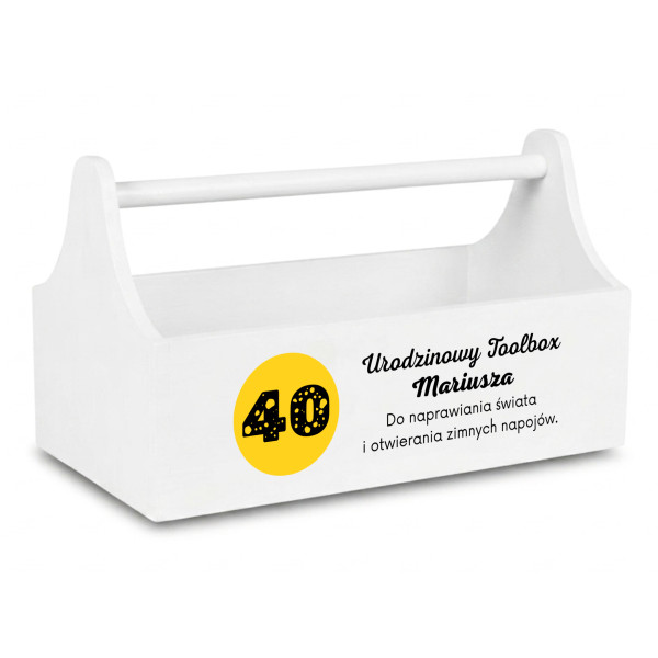 Drewniane nosidełko na narzędzia z nadrukiem UV 34x18x20,5 cm – biały narzędziownik