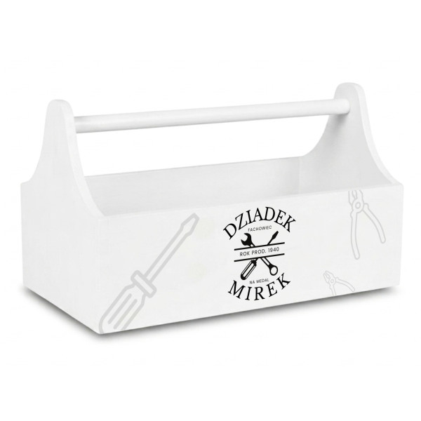 Drewniane nosidełko na narzędzia z nadrukiem UV 34x18x20,5 cm – biały narzędziownik