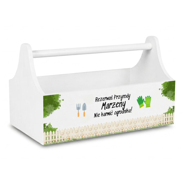 Drewniane nosidełko na narzędzia z nadrukiem UV 34x18x20,5 cm – biały narzędziownik