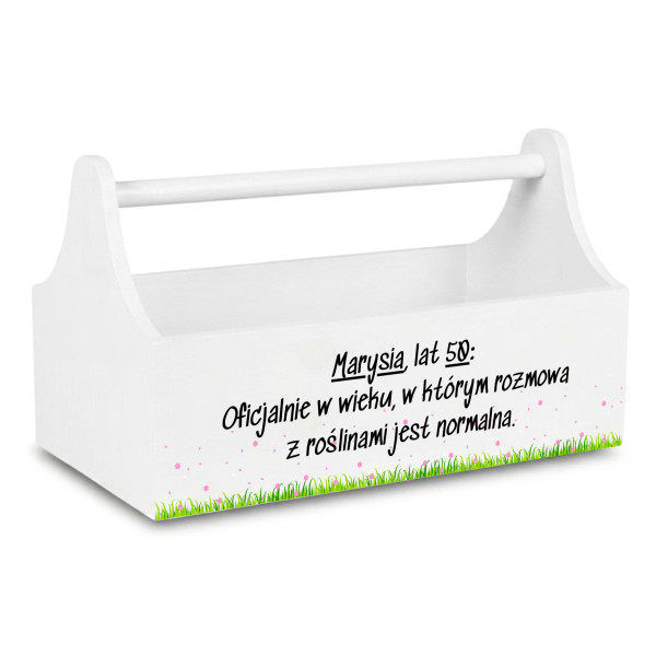 Drewniane nosidełko na narzędzia z nadrukiem UV 34x18x20,5 cm – biały narzędziownik