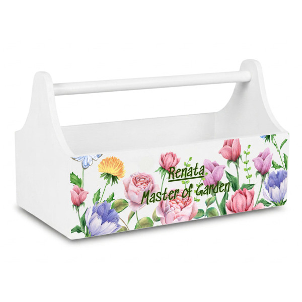 Drewniane nosidełko na narzędzia z nadrukiem UV 34x18x20,5 cm – biały narzędziownik