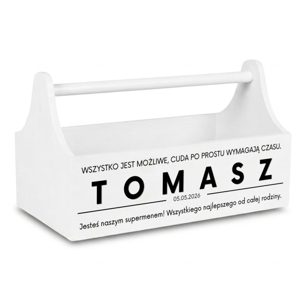 Drewniane nosidełko na narzędzia z nadrukiem UV 34x18x20,5 cm – biały narzędziownik