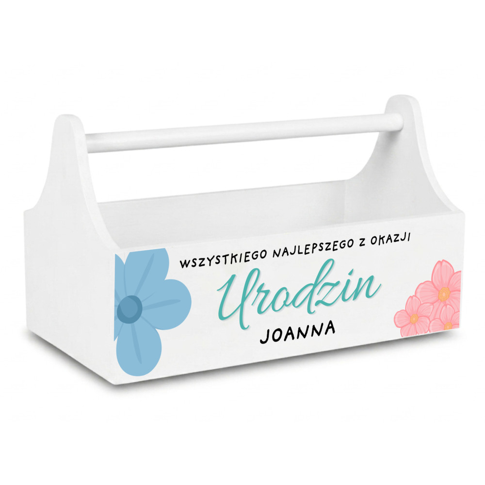 Drewniane nosidełko na narzędzia z nadrukiem UV 34x18x20,5 cm – biały narzędziownik