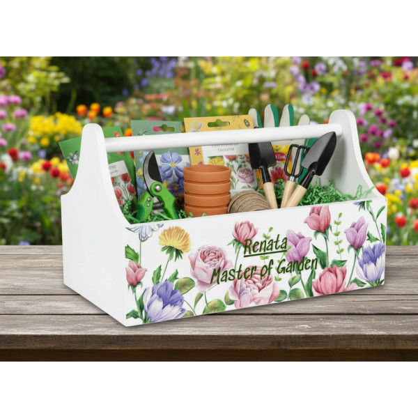 Drewniane nosidełko na narzędzia z nadrukiem UV 34x18x20,5 cm – biały narzędziownik