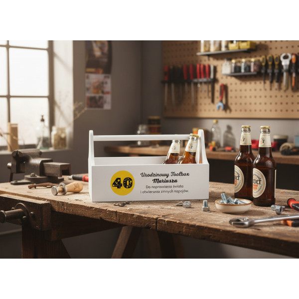 Drewniane nosidełko na narzędzia z nadrukiem UV 34x18x20,5 cm – biały narzędziownik