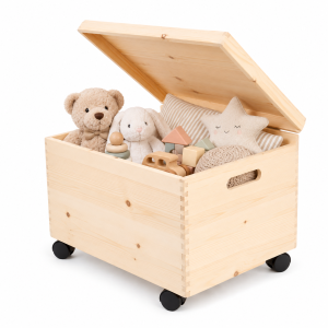 Drewniana skrzynka dekoracyjna z deklem 40x30x23 cm na kółkach – do przechowywania