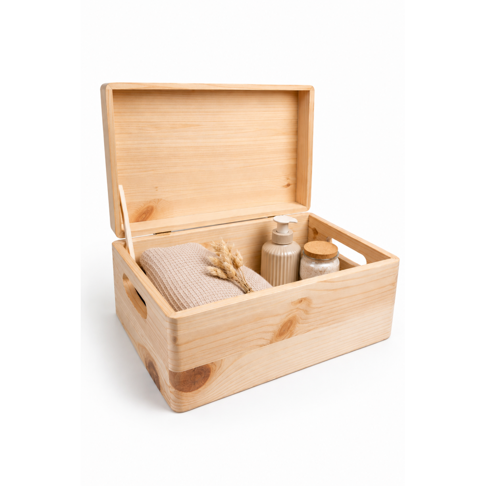 Drewniana skrzynka dekoracyjna 30x20x13,5 cm naturalna z uchwytami – do przechowywania