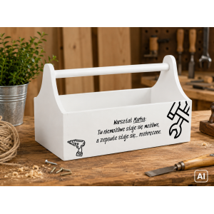Drewniane nosidełko na narzędzia z nadrukiem UV 34x18x20,5 cm – biały narzędziownik