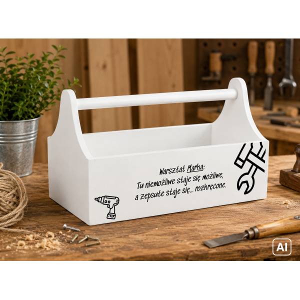 Drewniane nosidełko na narzędzia z nadrukiem UV 34x18x20,5 cm – biały narzędziownik