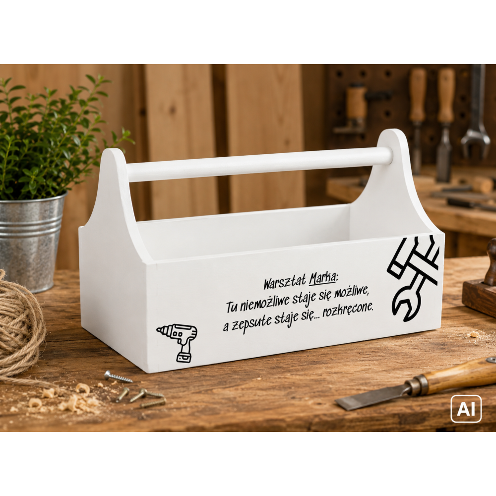 Drewniane nosidełko na narzędzia z nadrukiem UV 34x18x20,5 cm – biały narzędziownik