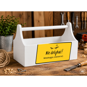 Drewniane nosidełko na narzędzia z nadrukiem UV 34x18x20,5 cm – biały narzędziownik