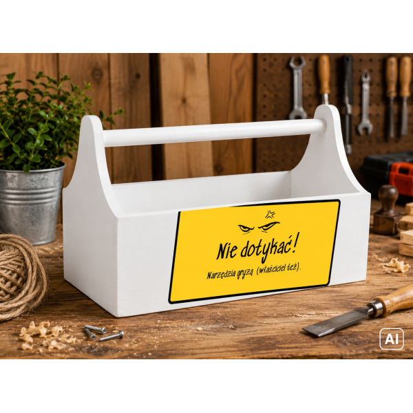 Drewniane nosidełko na narzędzia z nadrukiem UV 34x18x20,5 cm – biały narzędziownik