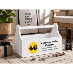 Drewniane nosidełko na narzędzia z nadrukiem UV 34x18x20,5 cm – biały narzędziownik
