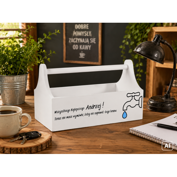 Drewniane nosidełko na narzędzia z nadrukiem UV 34x18x20,5 cm – biały narzędziownik