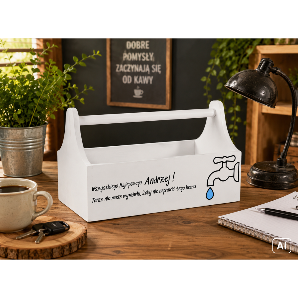 Drewniane nosidełko na narzędzia z nadrukiem UV 34x18x20,5 cm – biały narzędziownik