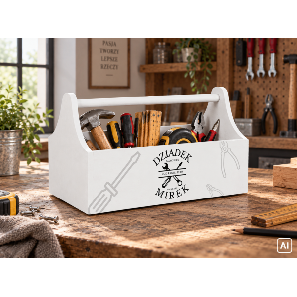 Drewniane nosidełko na narzędzia z nadrukiem UV 34x18x20,5 cm – biały narzędziownik