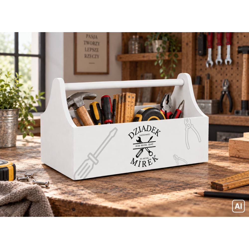 Drewniane nosidełko na narzędzia z nadrukiem UV 34x18x20,5 cm – biały narzędziownik