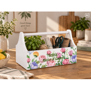 Drewniane nosidełko na narzędzia z nadrukiem UV 34x18x20,5 cm – biały narzędziownik