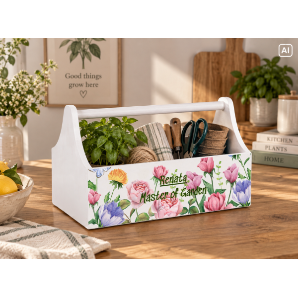Drewniane nosidełko na narzędzia z nadrukiem UV 34x18x20,5 cm – biały narzędziownik