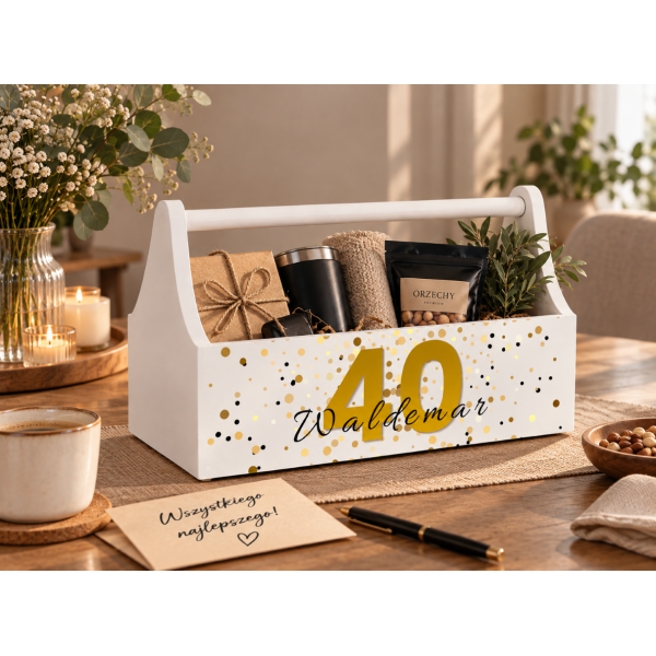 Drewniane nosidełko na narzędzia z nadrukiem UV 34x18x20,5 cm – biały narzędziownik