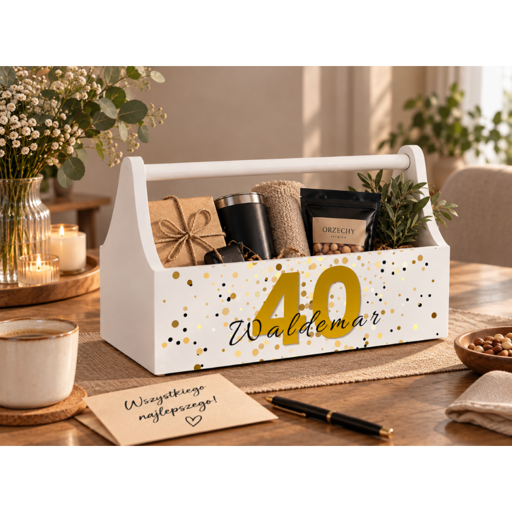 Drewniane nosidełko na narzędzia z nadrukiem UV 34x18x20,5 cm – biały narzędziownik