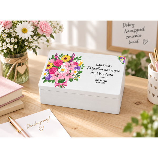Personalizowane pudełko na Dzień Nauczyciela z nadrukiem UV 30x20x13,5 cm - białe