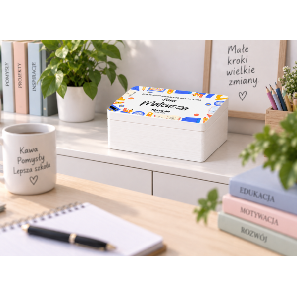 Personalizowane pudełko na Dzień Nauczyciela z nadrukiem UV 30x20x13,5 cm - białe