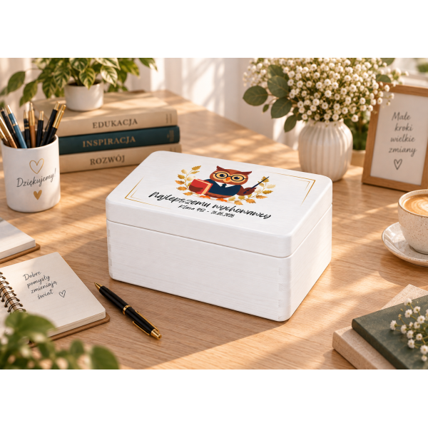 Personalizowane pudełko na Dzień Nauczyciela z nadrukiem UV 30x20x13,5 cm - białe