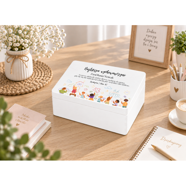 Personalizowane pudełko na Dzień Nauczyciela z nadrukiem UV 30x20x13,5 cm - białe