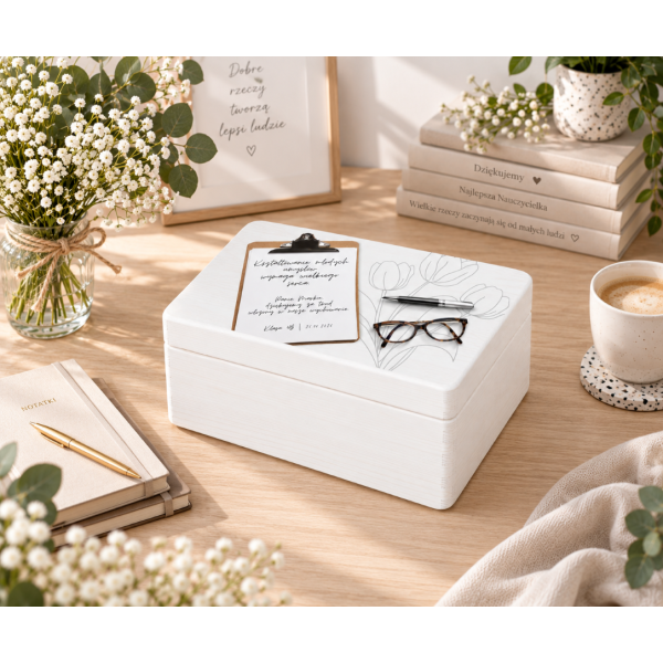Personalizowane pudełko na Dzień Nauczyciela z nadrukiem UV 30x20x13,5 cm - białe